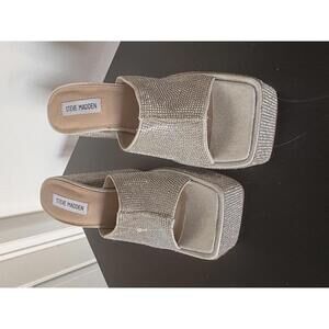 Steve Madden Womens Rhinestone Platform Block Heels Silver Dressy Night Out 9M